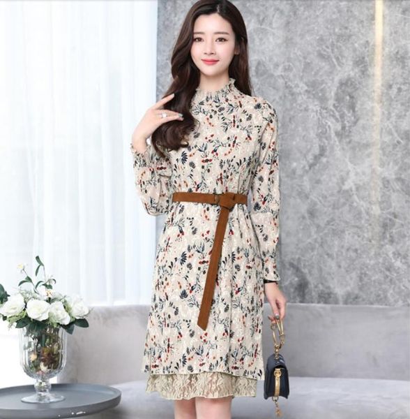 

casual dresses splice lace stitching chiffon print dress female 2021 plus velvet floral fashion temperament, Black;gray