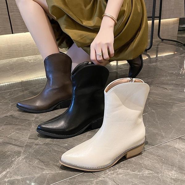 

boots pointed middle heel western cowboy short beige thick autumn single barrel thin boot fashion women's, Black