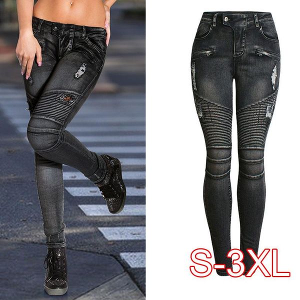 

women's jeans black motorcycle biker zip mid high waist stretch denim skinny pants motor for women plus size 3xl, Blue