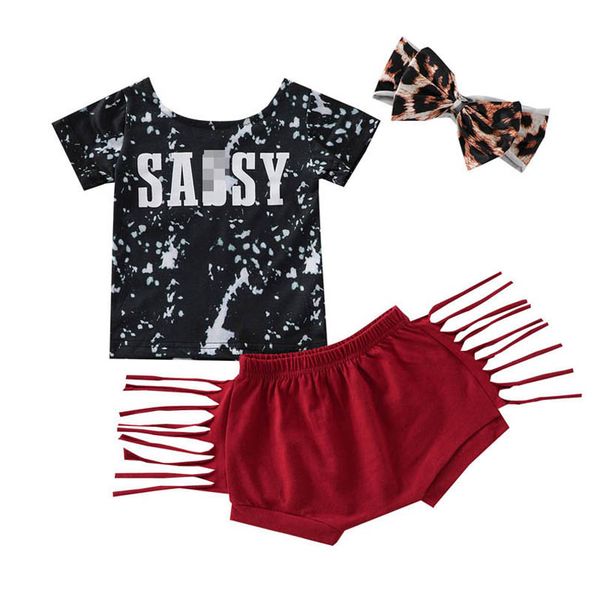 

infant clothing sets girls outfits baby clothes summer short sleeve letter print t-shirts tassel shorts leopard bows hairband 3pcs b7620, White