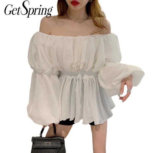 

getspring women blouse shirt slash neck off shoulder chiffon women's summer s lantern sleeve vintage white 210601