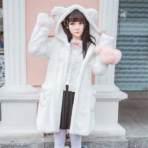 

women's trench coats winter cute cat ears hooded fluffy jacket women kawaii warm soft girls plush coat lolita long sleeve outwear, Tan;black