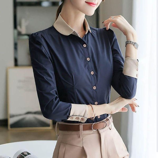 

korean casual blouse long sleeve elegant women slim women blue shirt rk, White