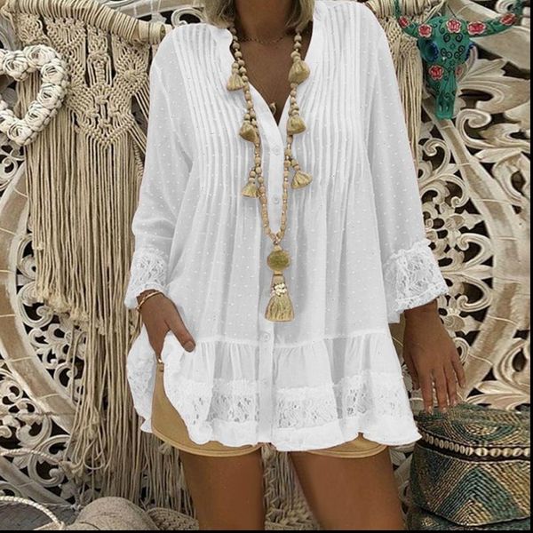 

women lace hollow shirts dress long sleeve v neck pleated loose dot mini dress female blouse vestido plus size, White