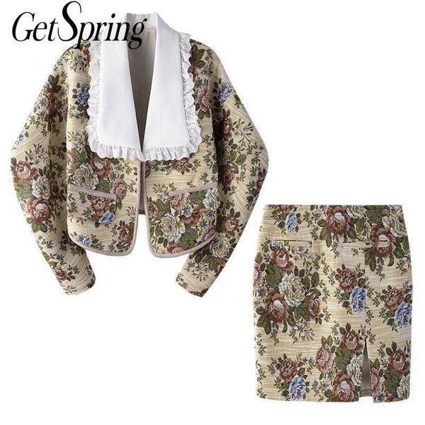 

getspring women blazer skirt set retro flower jacquard printing short and fashion two piece suit 210601, White