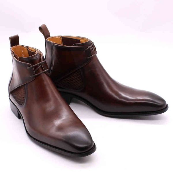 

dress shoes luxury mens leather boots square plain toe genuine chelsea brown dress handmade lace up ankle for men f0f1, Black