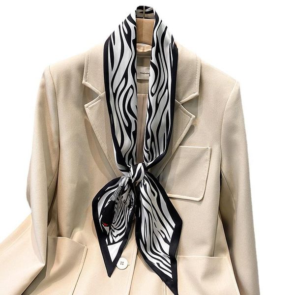 

scarves zebra pattern small silk scarf women fashion houndstooth neck office lady hair band foulard hand kerchief, Blue;gray