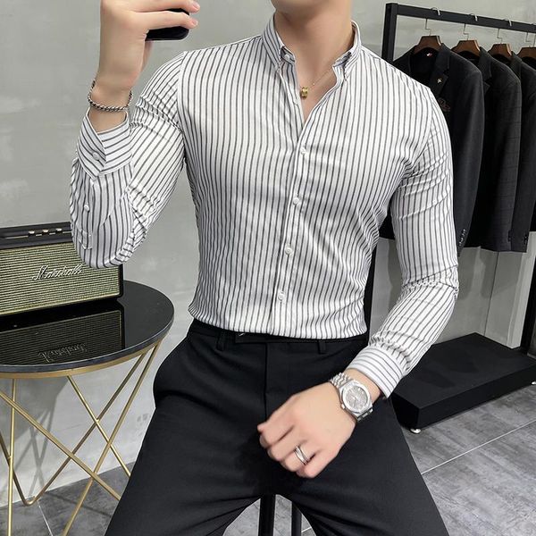 

men's casual shirts gzdeerax autumn winter male luxury long sleeve business fashion slim fit stripe man 4xl, White;black