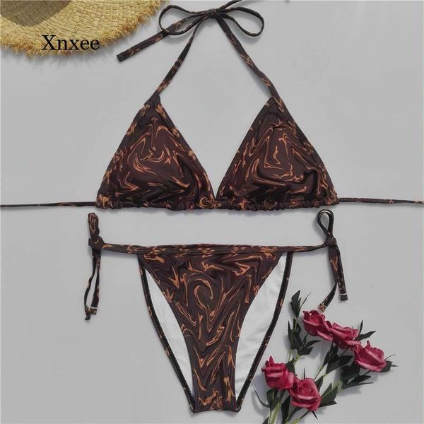 

women's swimwear 2021 bikini classic print swimsuit ladies lace-up rope triangle bag striped two-piece brazilian, White;black