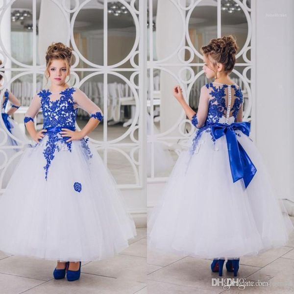 

family matching outfits lovely royal blue lace appliques flower girl dresses half sleeve with bow sash ankle length pageant prom party gowns