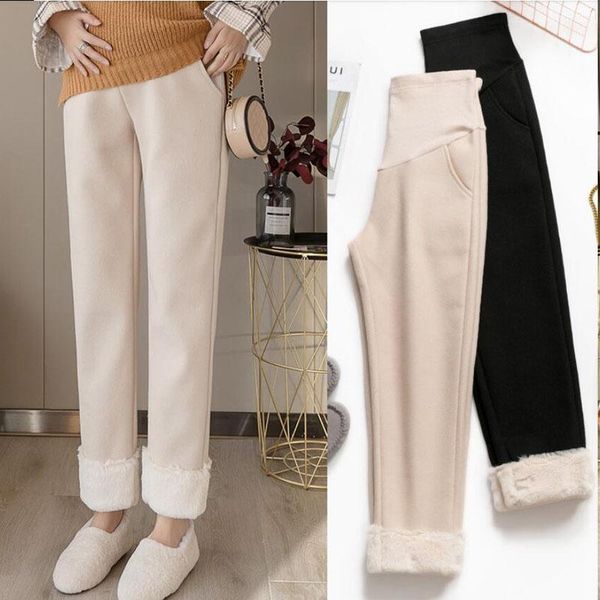 

maternity bottoms autumn winter thick corduroy plus velvet pants straight casual belly trousers clothes for pregnant women pregnancy, White