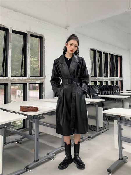 

women's leather & faux women"s long black pu fashion trench outerwear large size female clothes a111