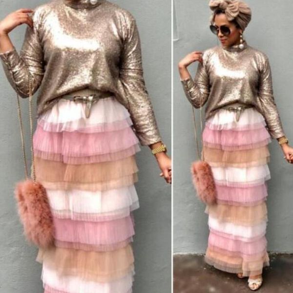 

skirts high street colorful tulle bud straight long maxi skirt female saias ruffles tiered women, Black