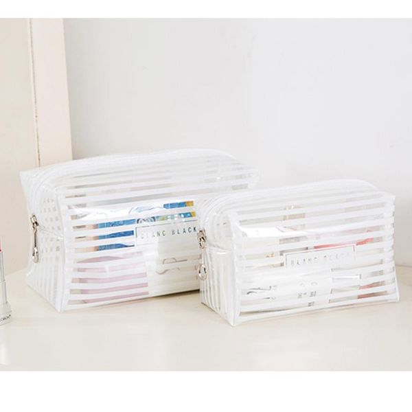 

portable waterproof transparent makeup bag fashion striped zipper cosmetic organizer women travel toiletry bag