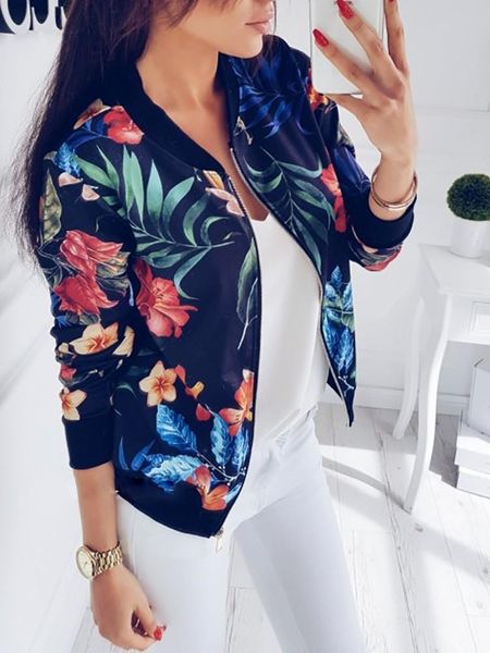 

women's jackets casual women retro floral printed ladies zipper up bomber outwear spring long sleeve short thin slim pocket biker coats, Black;brown