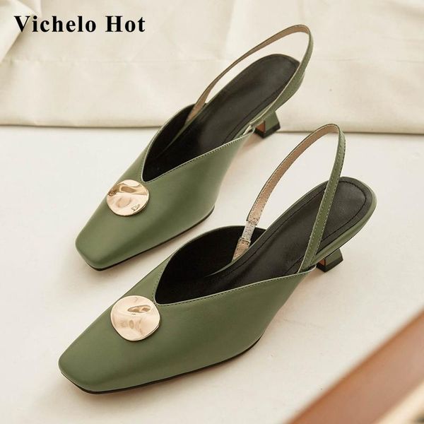 

dress shoes vichelo cow leather small square toe med heel metal decorations young lady elastic band summer sandals women l07, Black