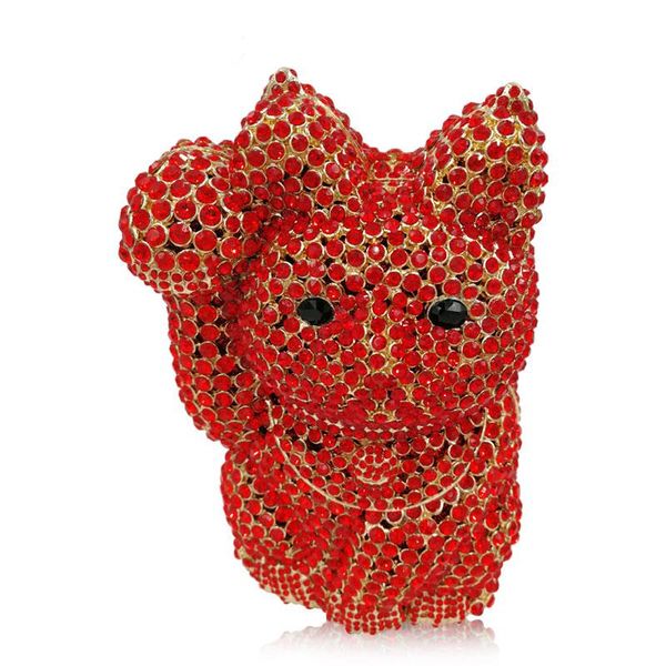 

evening bags luxury lucky cat shape red rhinestone women clutch fashion gold metal wedding bridal chain messenger handbags