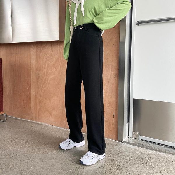 

women's jeans zcwxm streetwear women black wide leg straight female long denim pants high waist button loose washed ladies trousers, Blue
