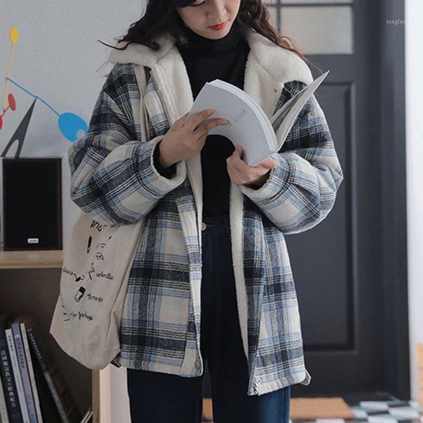 

women's down & parkas hstar stand-up collar jacket retro plaid lamb fur coat plus velvet liner tooling loose casual warm women winter o, Black