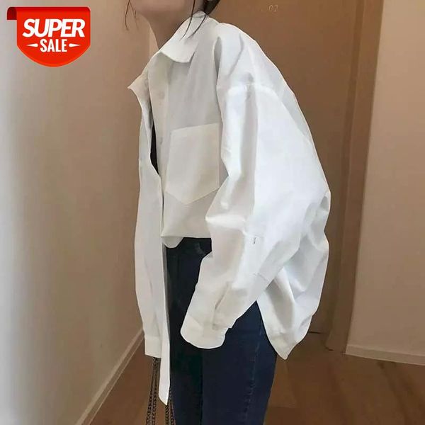 

White Shirt Women Blouses Mid-length Korean Tops 2021 New Student Wild BF Lazy Style Loose Jacket Long-sleeved Shirts Simple #CW2R
