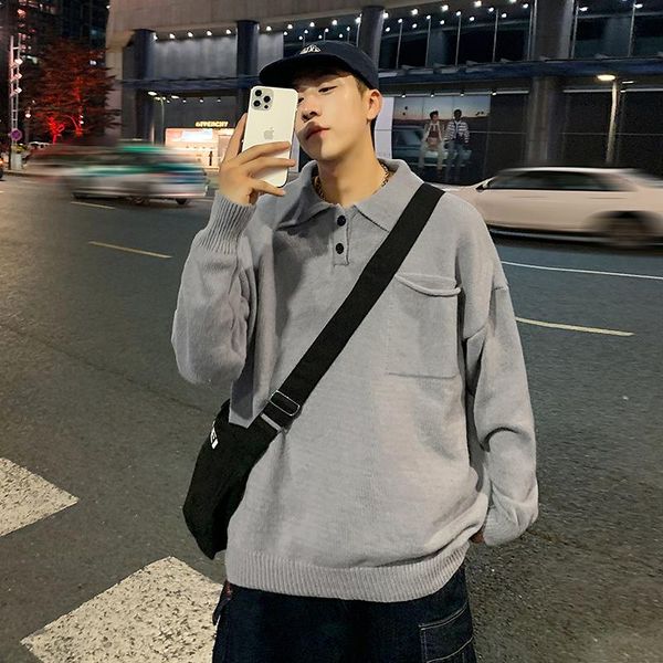 

men's sweaters 2021 autumn solid color lapel pocket sweater, White;black