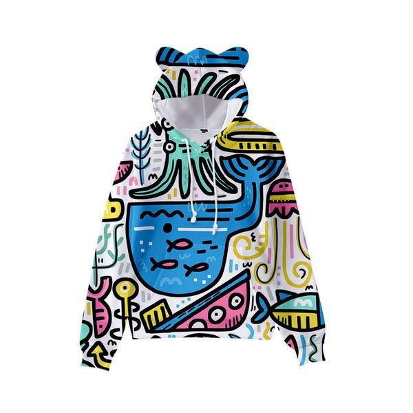 

whale print cute boy girl clothes hooded 3d printing hooded sweater autumn early winter ears hooded pullover, Black