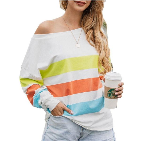 

women's t-shirt casual striped color-block long sleeve off-shoulder tunics blousee pullover cute loose fit, White