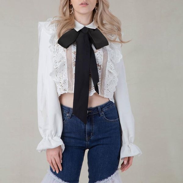 

floral embroidery lace blouse women long sleeve bow tie turn down collar summer cropped zipper self-portrait office b301, White