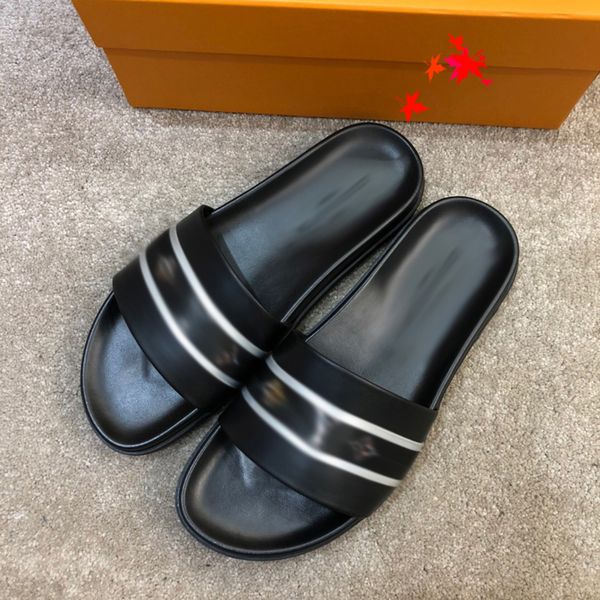 

2021 slipper designer slide summer sandals fashion men beach indoor flat flip flops leather luxurys shoes mens slippers with box size 39-45, Black