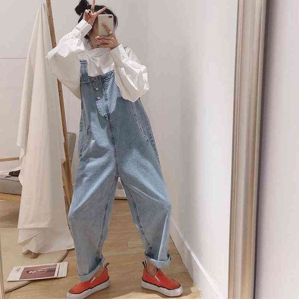 

women's jumpsuits & rompers korean streetwear denim jumpsuit women loose cute casual fashion girls plus size blue jeans overalls s-2xl, Black;white