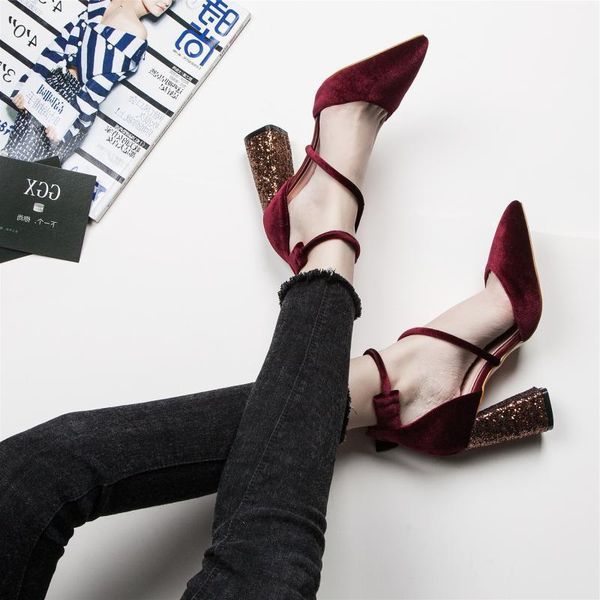 

suede heel women's sandals pointed pumps word heel hollow black