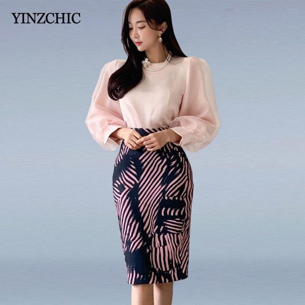 

two piece dress spring woman slim mid 2pcs suits loose blouse + print pencil skirt sets for office lady elegant, White