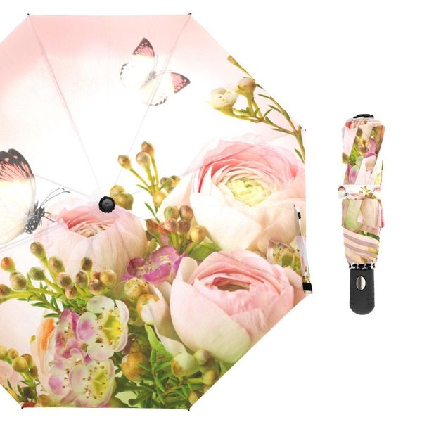 Schöne rosa Rosen und Schmetterling Regenschirm Regen Frauen Geschenk drei faltbare Regenschirme winddicht automatischer tragbarer Reiseschirm 210223