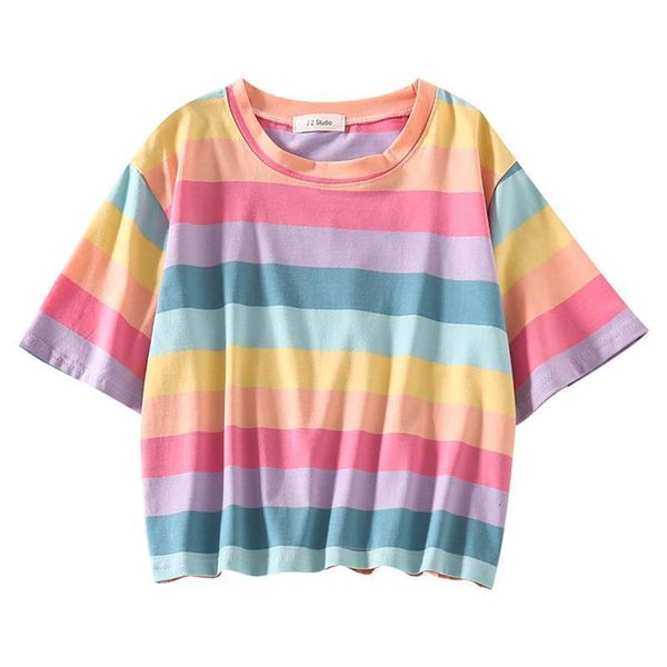

new t shirt women rainbow striped harajuku tshirt summer short sleeve korean punk t-shirt camiseta feminina, White