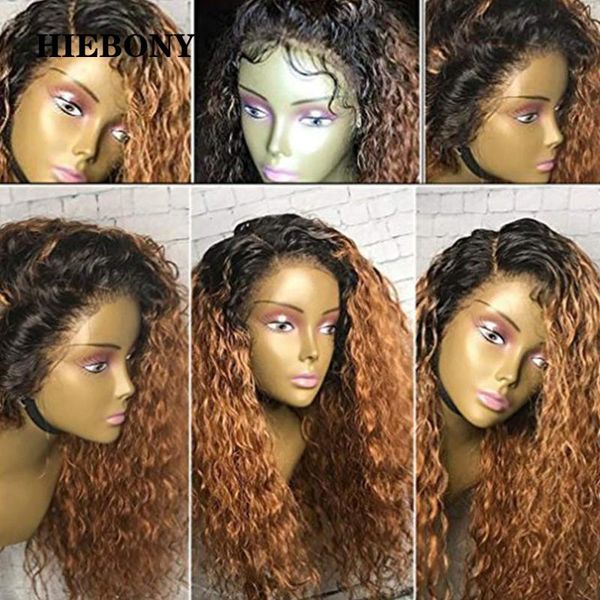 

14-26 inch ombre blonde curly lace front human hair wigs 180% density 13x6 lace front wigs with baby hair bleached knots, Black;brown
