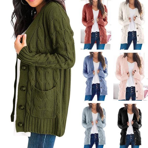 

women's knits & tees autumn winter women casual knit cardigan sweater solid color v-neck button closure long sleeve coat with two pocke, White