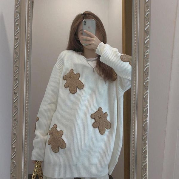 

women's sweaters oversized women pullover sweater thick knit round neck long sleeve cute cartoon, White;black
