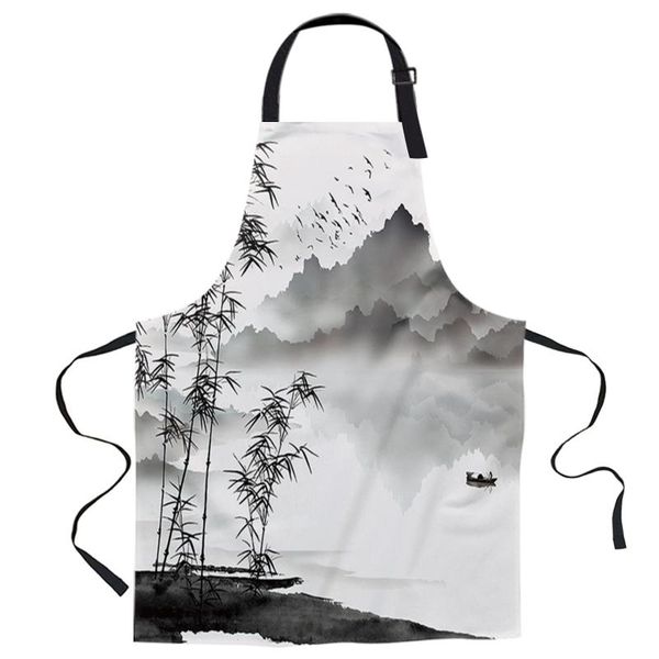 

aprons ink landscape painting printed kitchen cooking baking canvas sleeveless for women man kids home delantal cocina