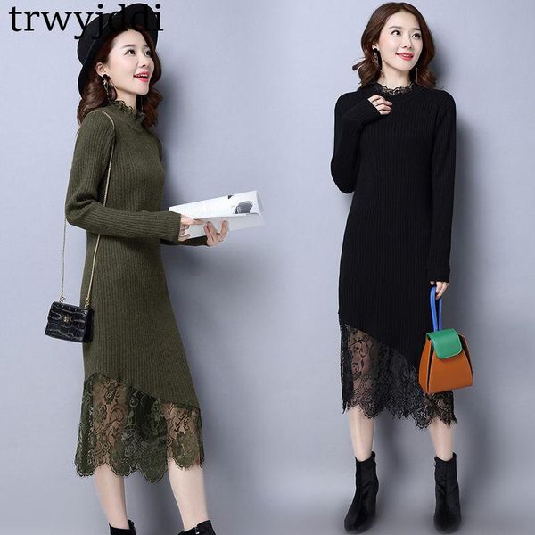 

casual dresses 2021 autumn winter lace stitching knit dress female long section slim long-sleeved sweater for women n101, Black;gray