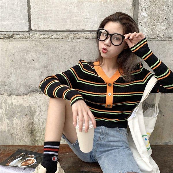 

women's sweaters autumn and winter fashion women swearter contrast color v-neck striped short long-sleeved sweater slim button knit w2, White;black
