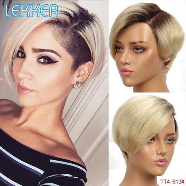 

lace wigs lekker part pixie cut bob human hair short straight wig with bangs for black women remy natural ombre blonde 613, Black;brown