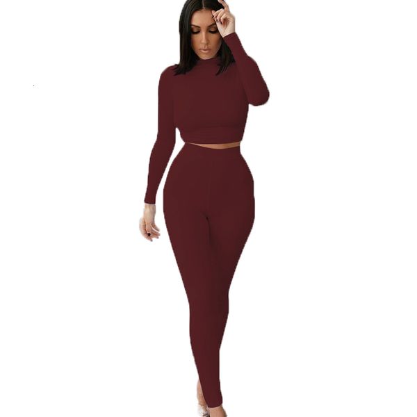 

2021 new solid-color long sleeves round neck crop & trousers women two piece outfits autumn simple style casual suits xsqa, Gray