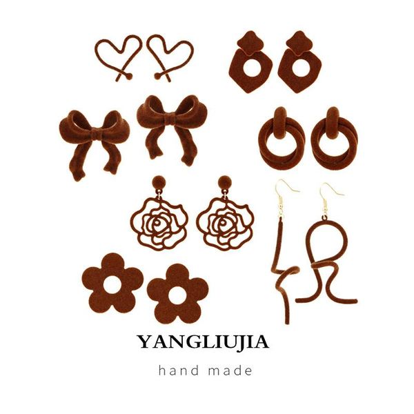 

stud brown autumn winter flocking earrings female temperament contracted geometric ear ring flower bowknot gift, Golden;silver