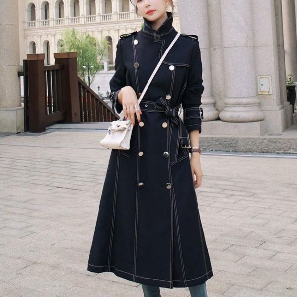 

trench 2021 new long high-end women's french style slim trench coat black s-xl female windbreaker, Tan;black