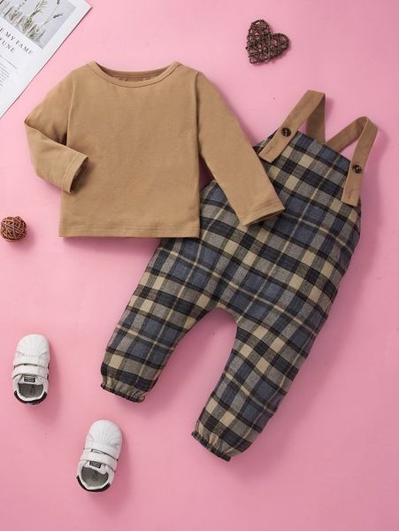

baby solid tee & plaid print overall jumpsuit she01, White