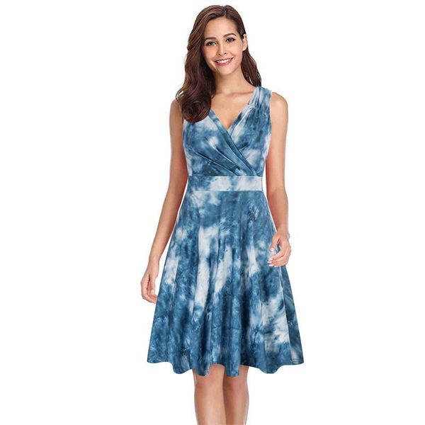 

casual dresses summer women's tie-dye dress v-neck sleeveless knee-length high waist temperament ladies vestido de las seÃ±oras#e, Black;gray