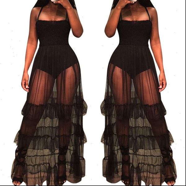 

women beach see through dress ruffle hem sheer dotted mesh spaghetti strap dresses ladies perspective bodysuit beach dress, Black;gray