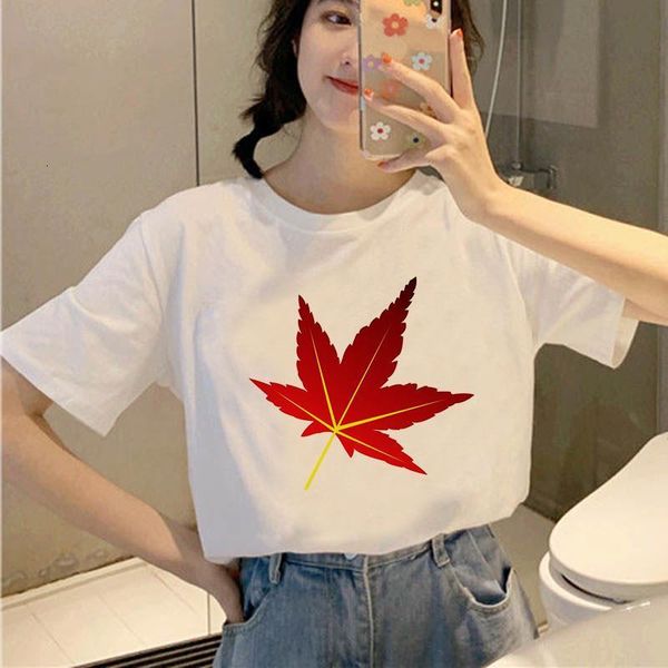 

summer t-shirt red leaf printing t-shirt 90s harajuku ladies print summer ladies short sleeve ladies, White