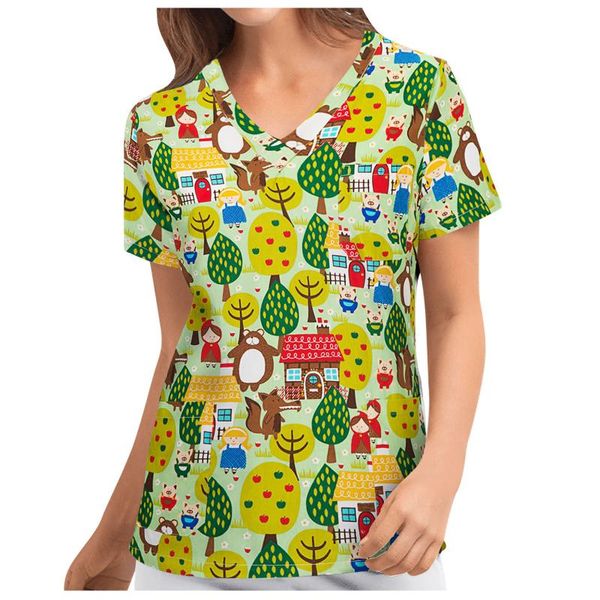 

women's blouses & shirts women fashion animal print short sleeve neck working uniform blouse shirt lab scrubs work clothes, White