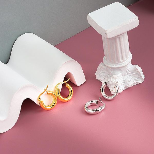 

hoop & huggie steel gold tone hoops earrings for women gift beautiful fashion jewelry round smooth 16mm, Golden;silver
